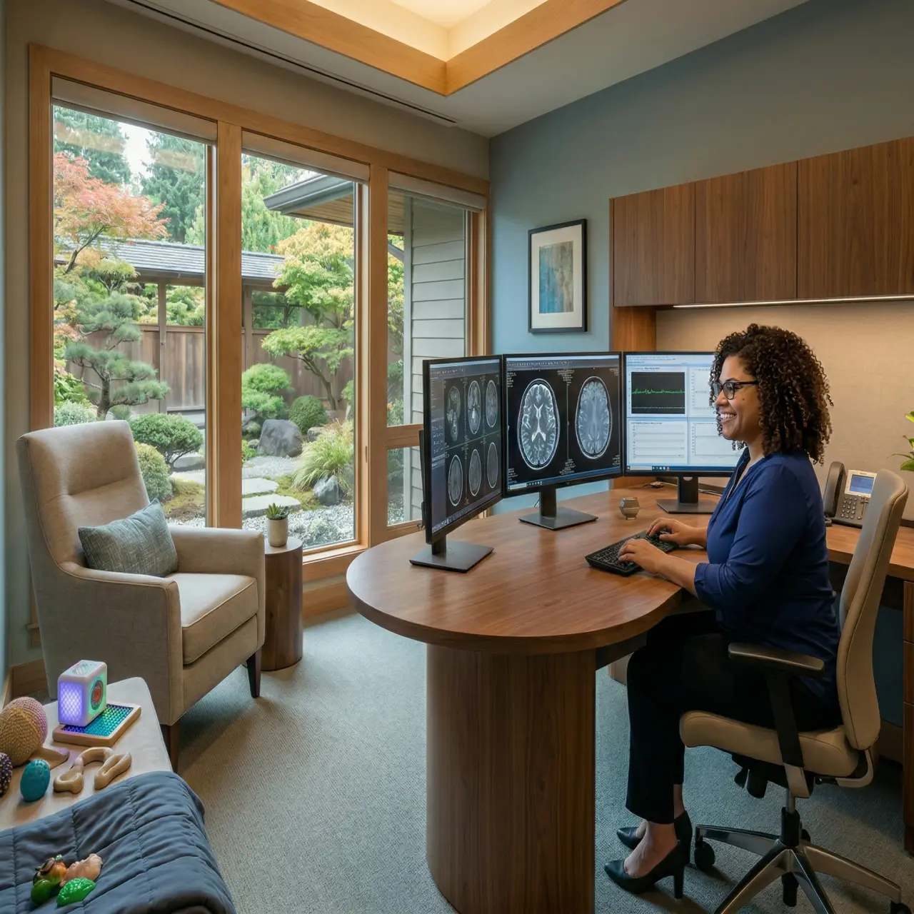 Single female doctor sitting at desk viewing dual monitors showing brain scans