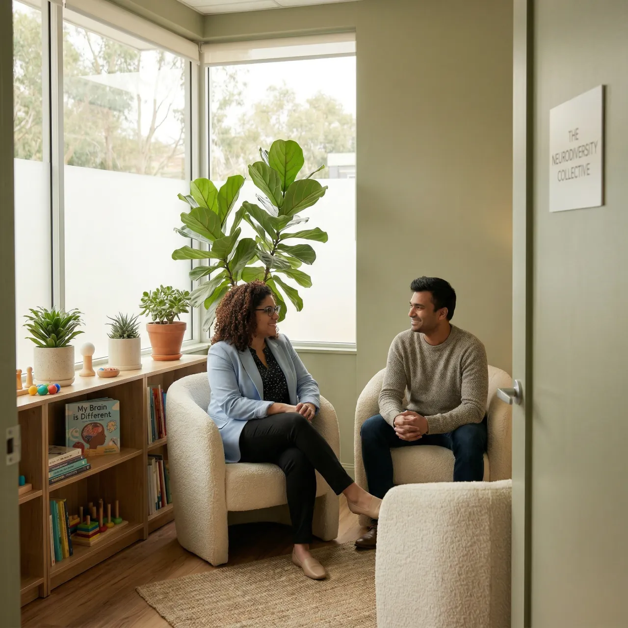 Two clinicians talking in a bright office