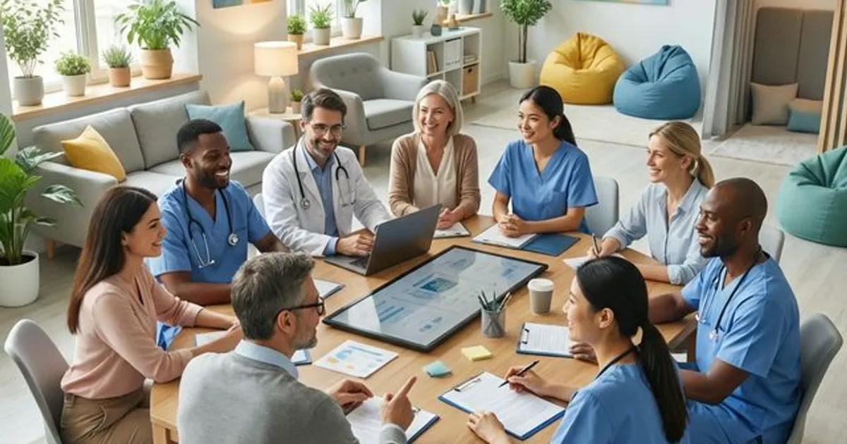 Two clinicians talking in a bright office